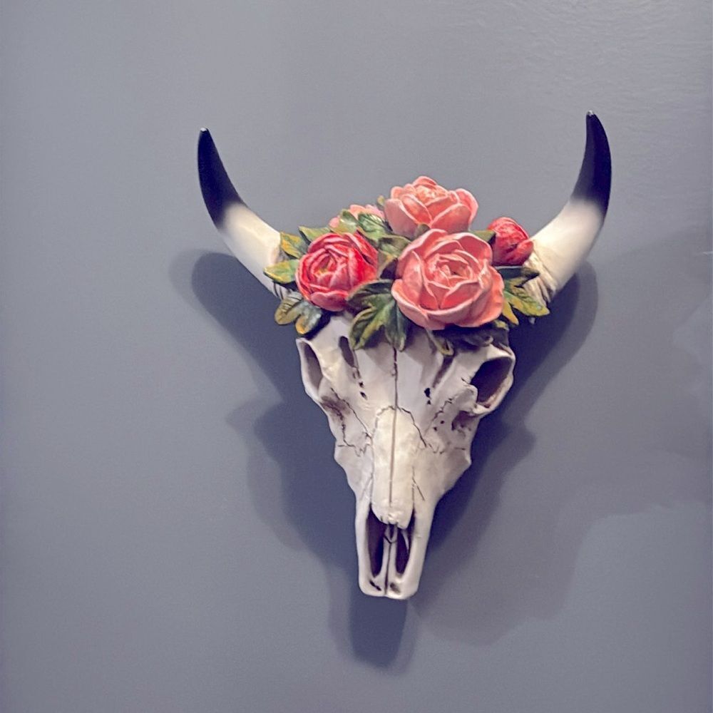 LIKE NEW Boho Steer Head w Flowers Wall Art